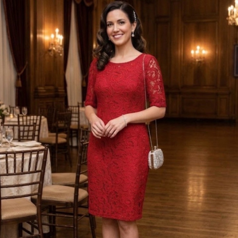 Olivia Matthews Red Floral Lace Sheath Dress
